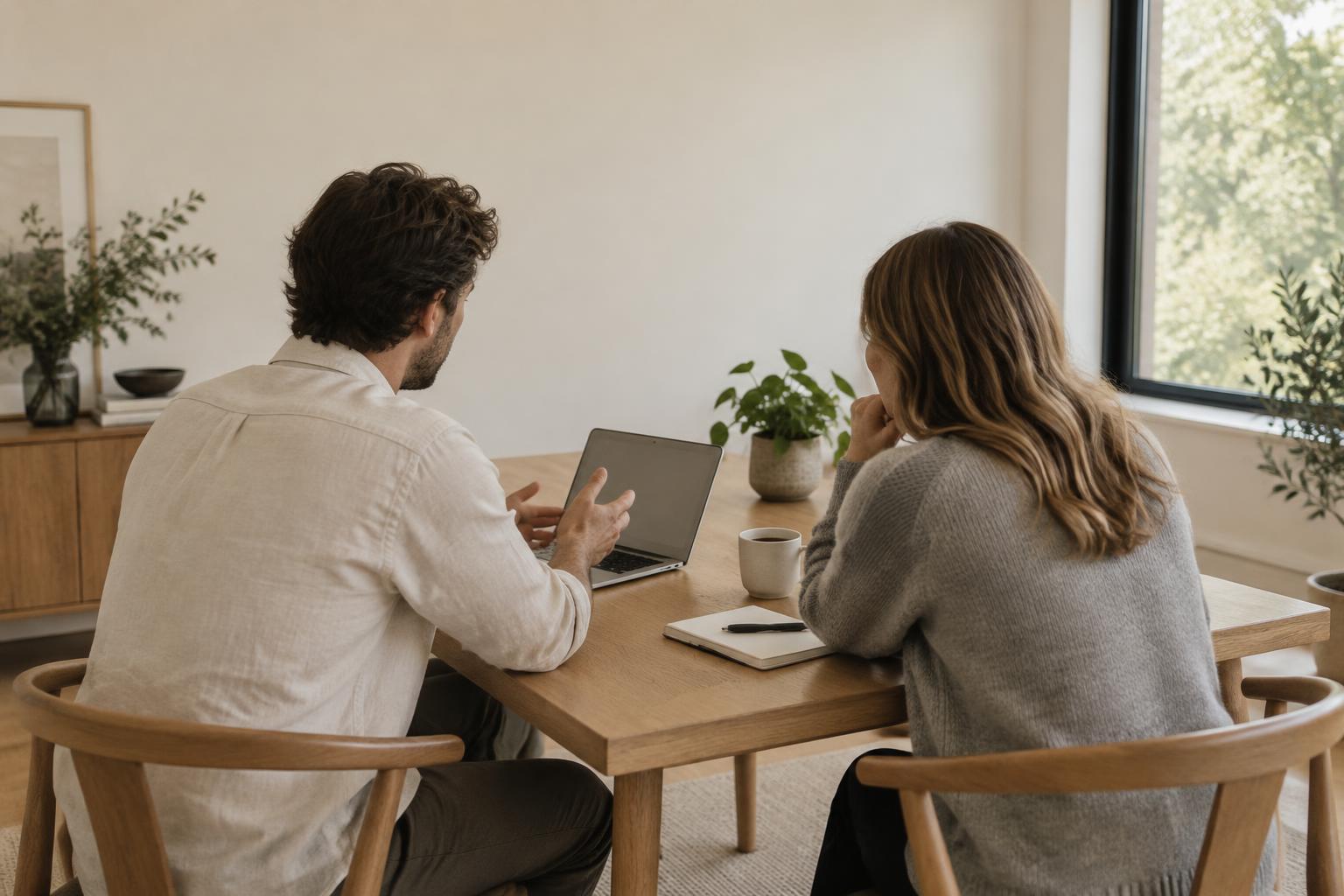 Two people talking across a table in a bright, plant-filled workspace